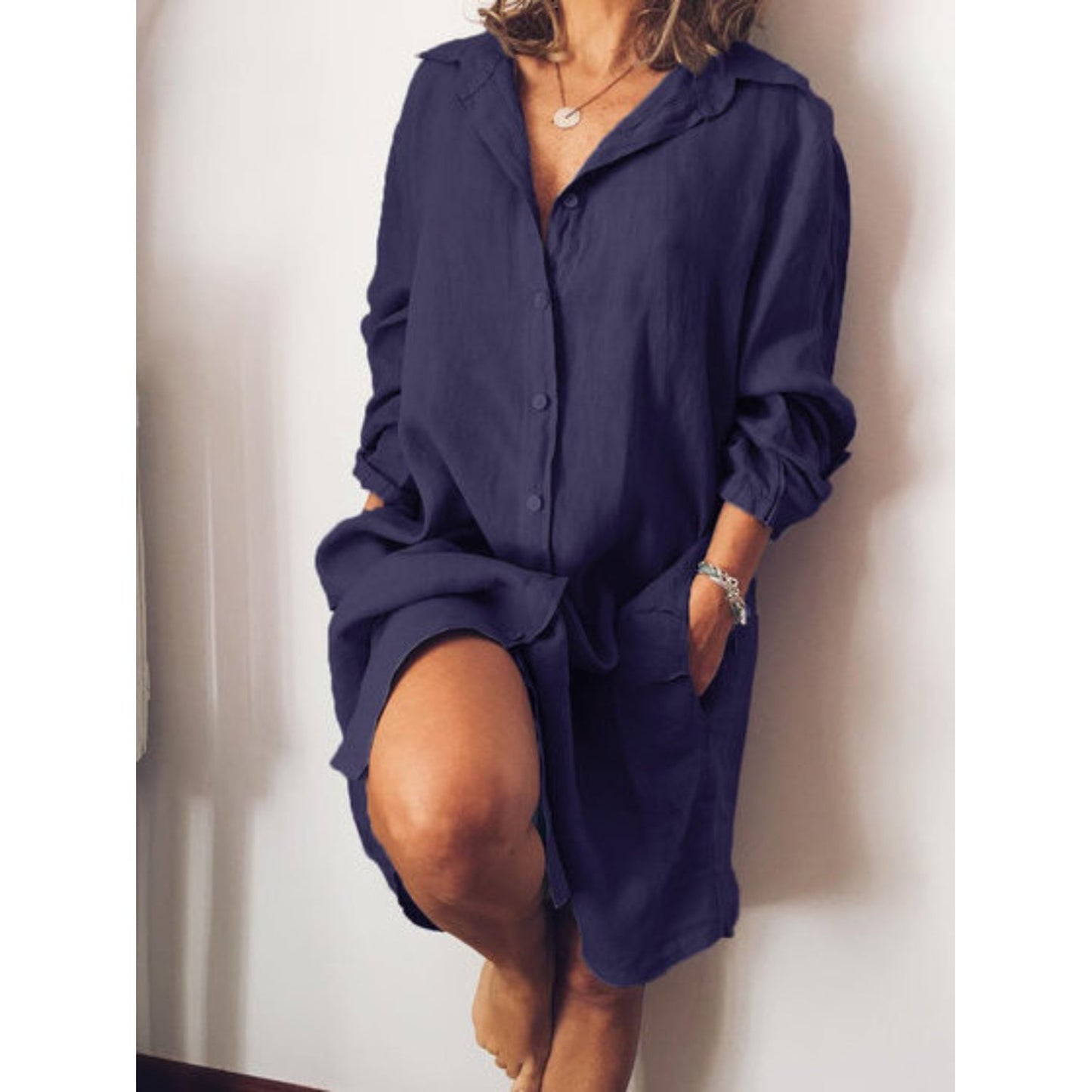 Dravina Long Blouse | Women's White Linen Longline Shirt with Button Front