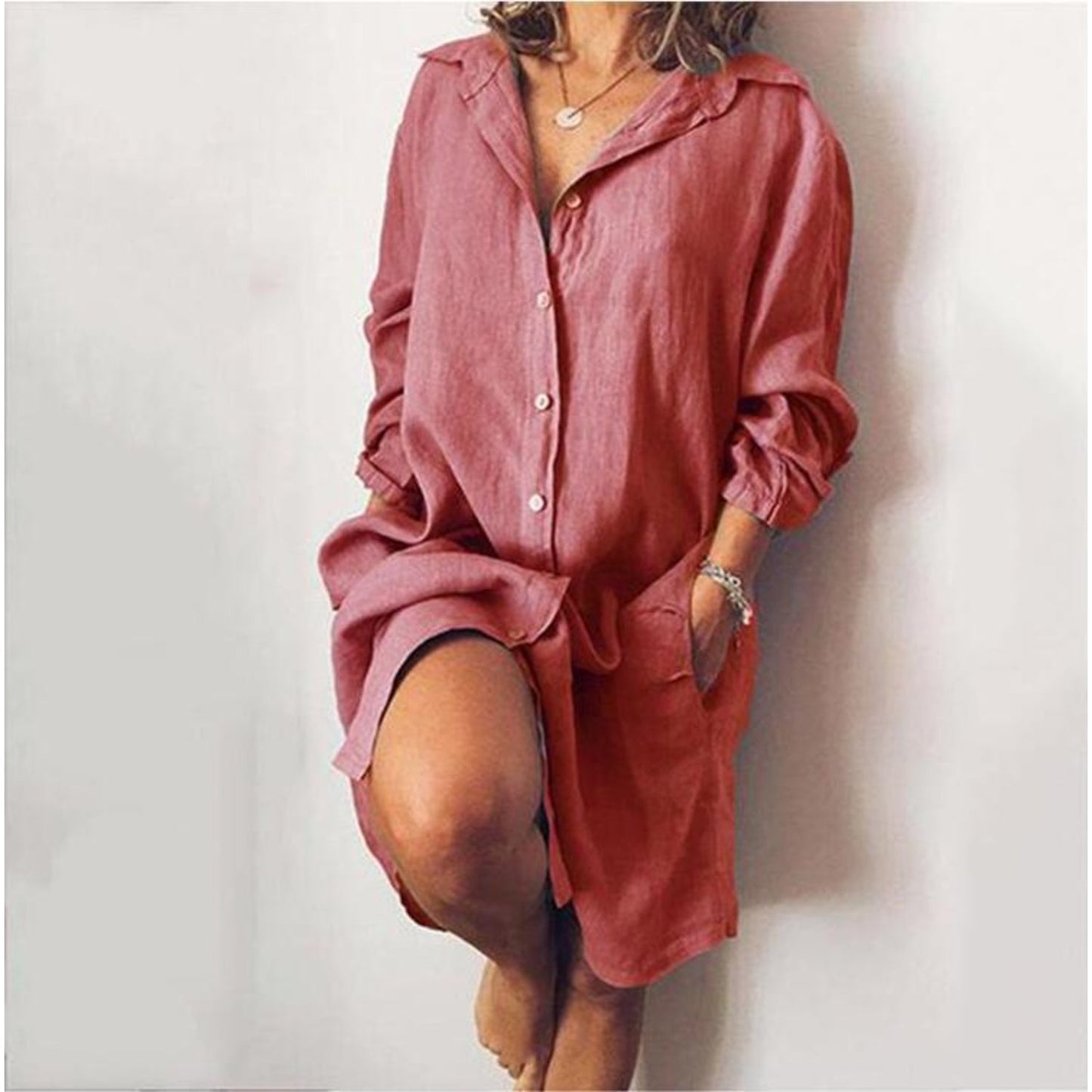Dravina Long Blouse | Women's White Linen Longline Shirt with Button Front
