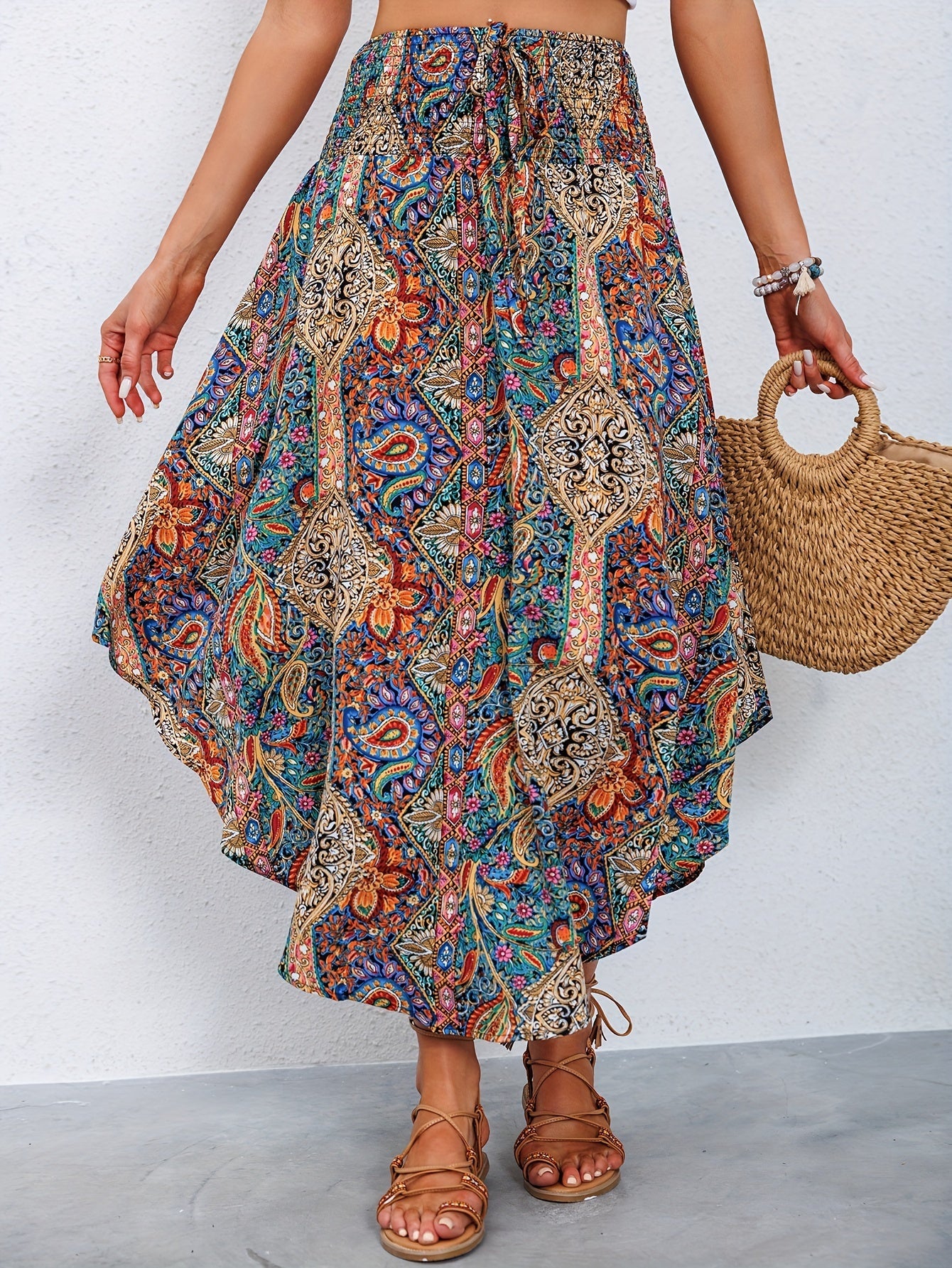 Baenya Paisley Skirt | High-Waist Lace-Up Flowy Skirt
