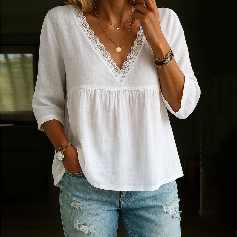 Qila Blouse | Women's Autumn 3/4 Sleeve V-Neck Lace Trim Blouse