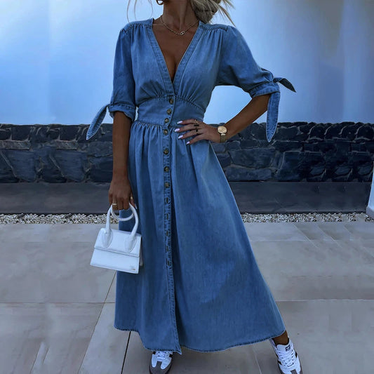 Dymella Dress | Denim Maxi Dress with Button-Down Front and Flattering Feminine Fit