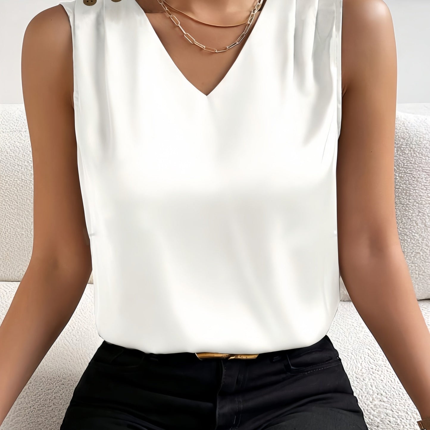 Belloura Summer Top | Sleeveless V-Neck Button Detail Blouse for Women