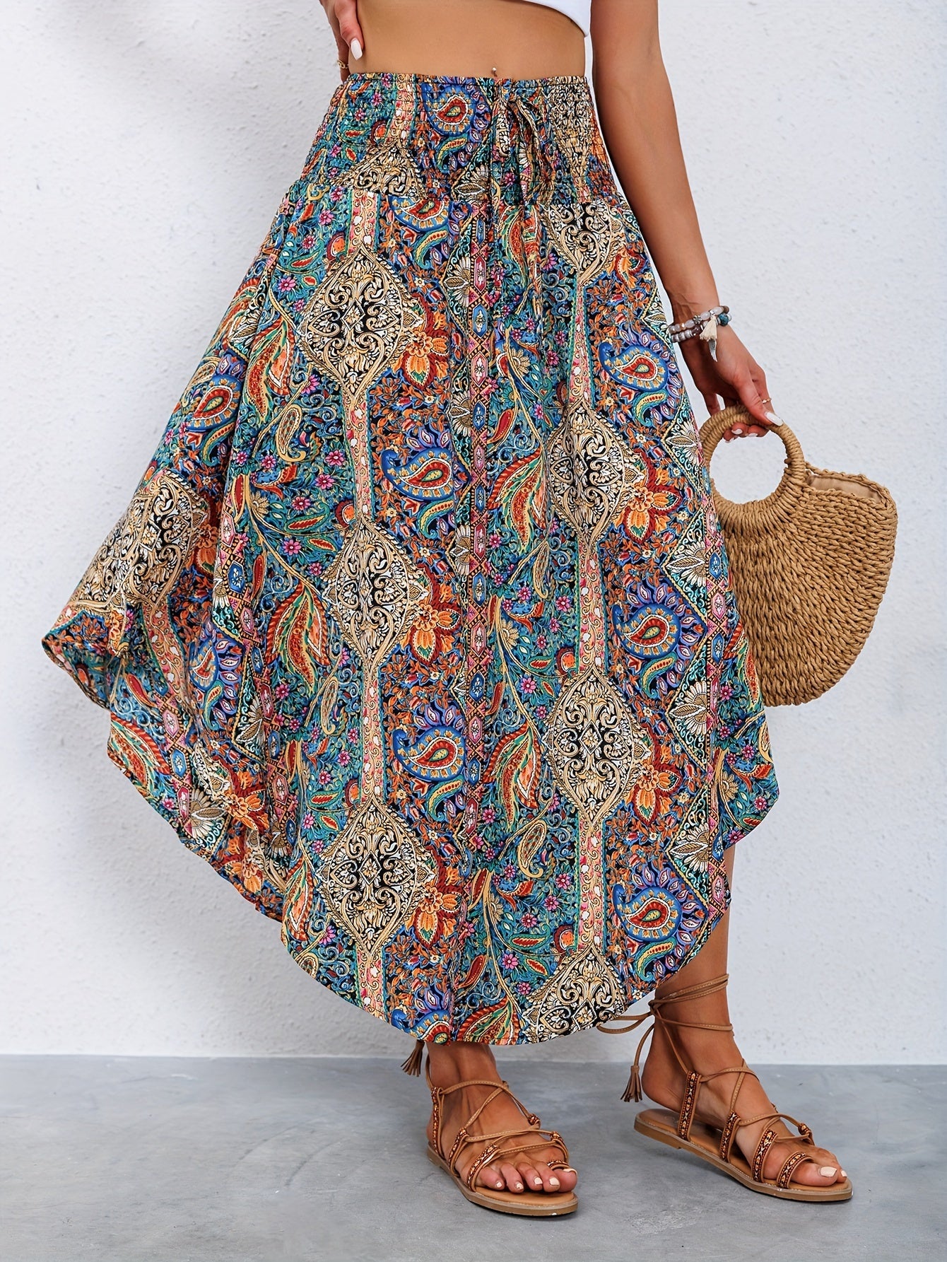 Baenya Paisley Skirt | High-Waist Lace-Up Flowy Skirt