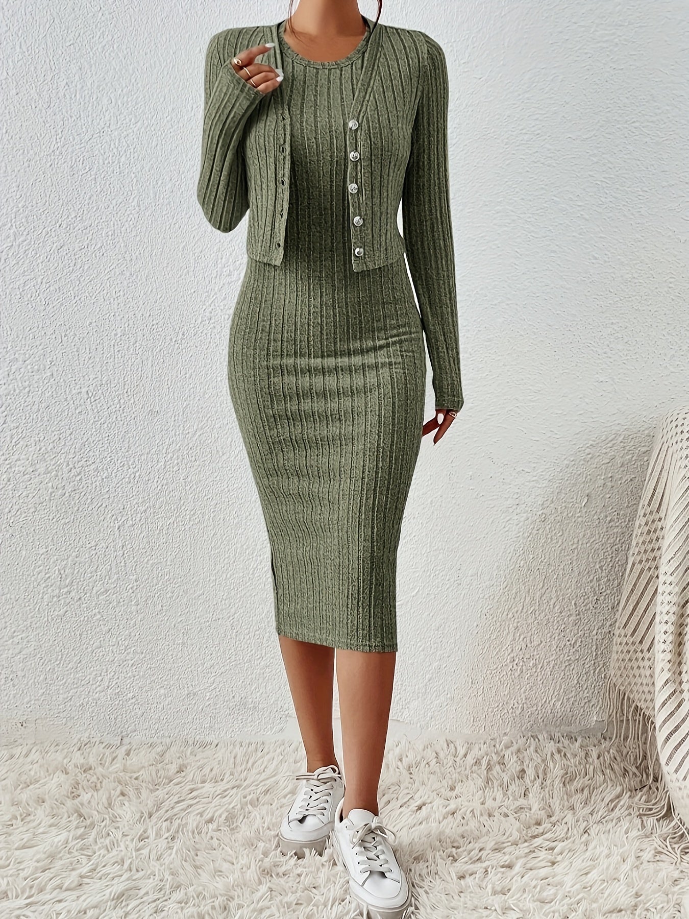 Jayden Two-Piece Set | Elegant Ribbed Knit Dress with Cardigan