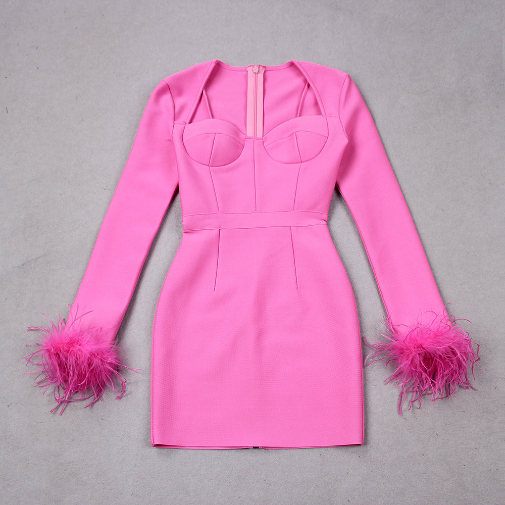 Blair Feather Dress | Women’s Long Sleeve Fitted Dress with Statement Feather Details