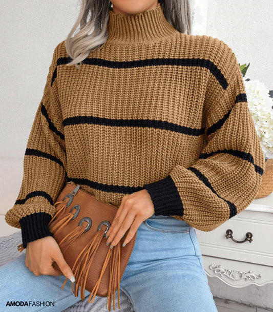 Safia Jumper | Women’s Autumn Cozy Turtleneck Striped Jumper