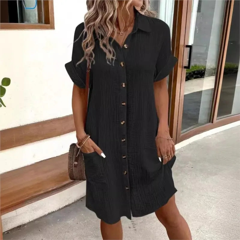 Caelira Shirt Dress | White Button-Down Short-Sleeve Summer Dress with Pockets