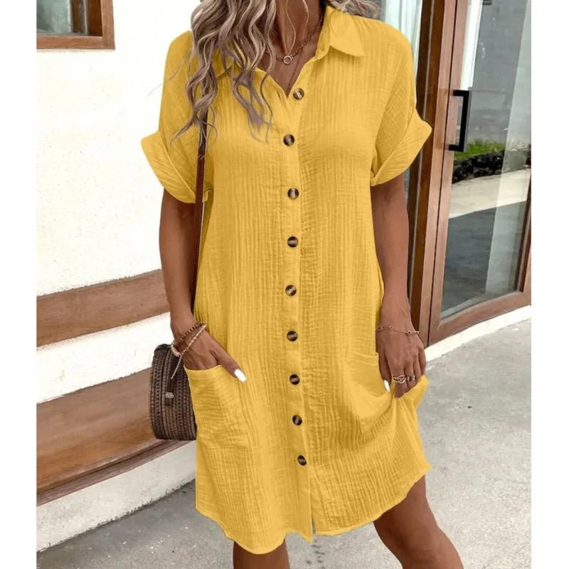 Caelira Shirt Dress | White Button-Down Short-Sleeve Summer Dress with Pockets