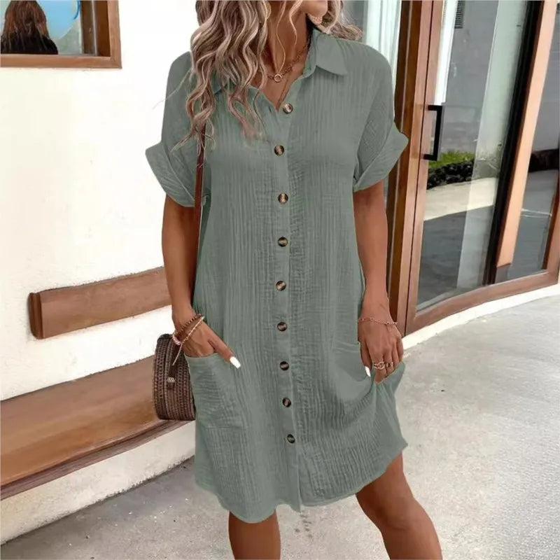 Caelira Shirt Dress | White Button-Down Short-Sleeve Summer Dress with Pockets