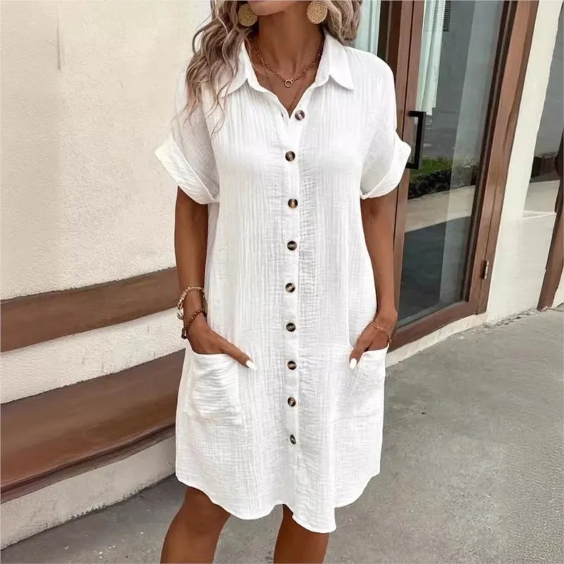 Caelira Shirt Dress | White Button-Down Short-Sleeve Summer Dress with Pockets