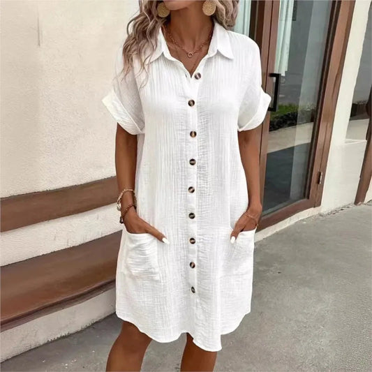 Caelira Shirt Dress | White Button-Down Short-Sleeve Summer Dress with Pockets