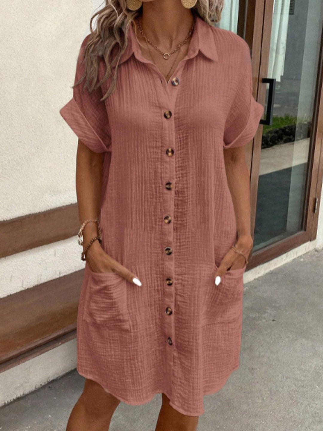 Caelira Shirt Dress | White Button-Down Short-Sleeve Summer Dress with Pockets