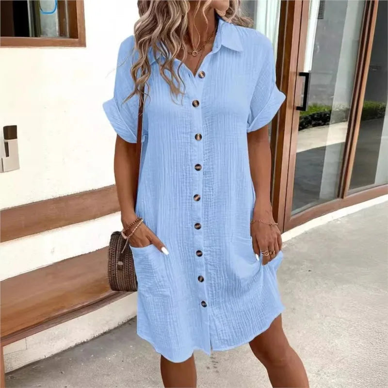 Caelira Shirt Dress | White Button-Down Short-Sleeve Summer Dress with Pockets
