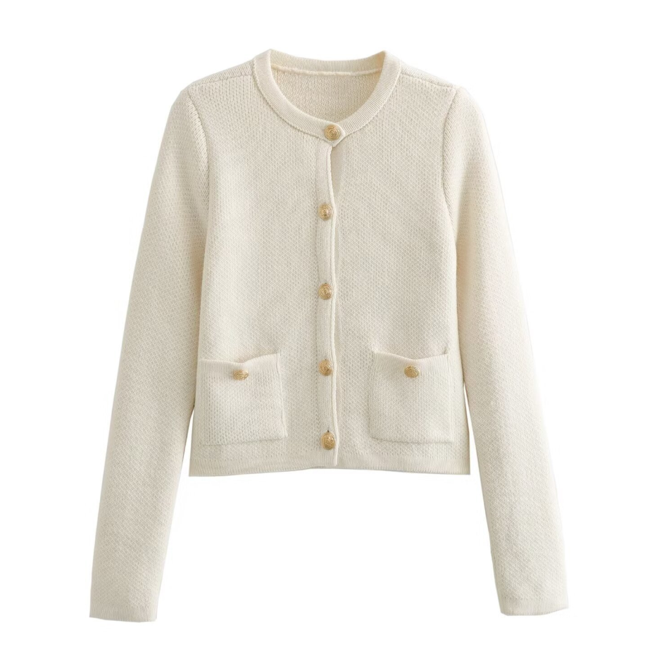 Raine Cardigan | Women's Autumn White Knitted Cardigan with Metal Buttons