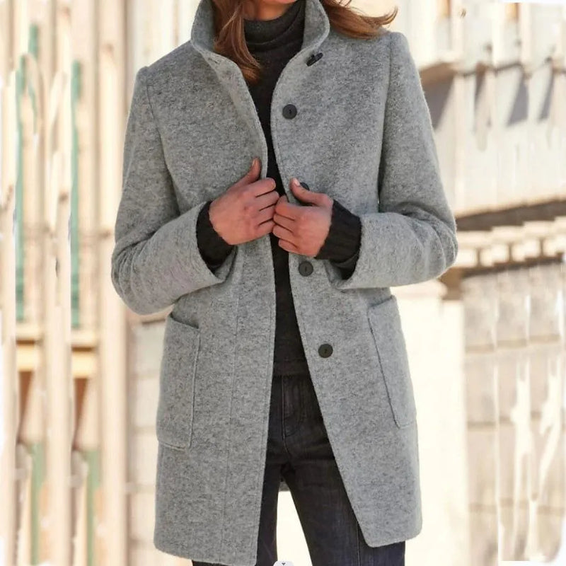 Gillian Retro Wool Coat | Button-Up Turtleneck Jacket