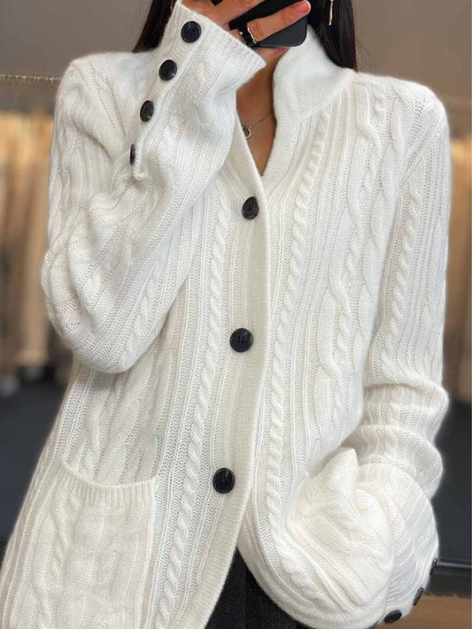 Claudia Cardigan | Braided Button Stand Collar Knitted Cardigan