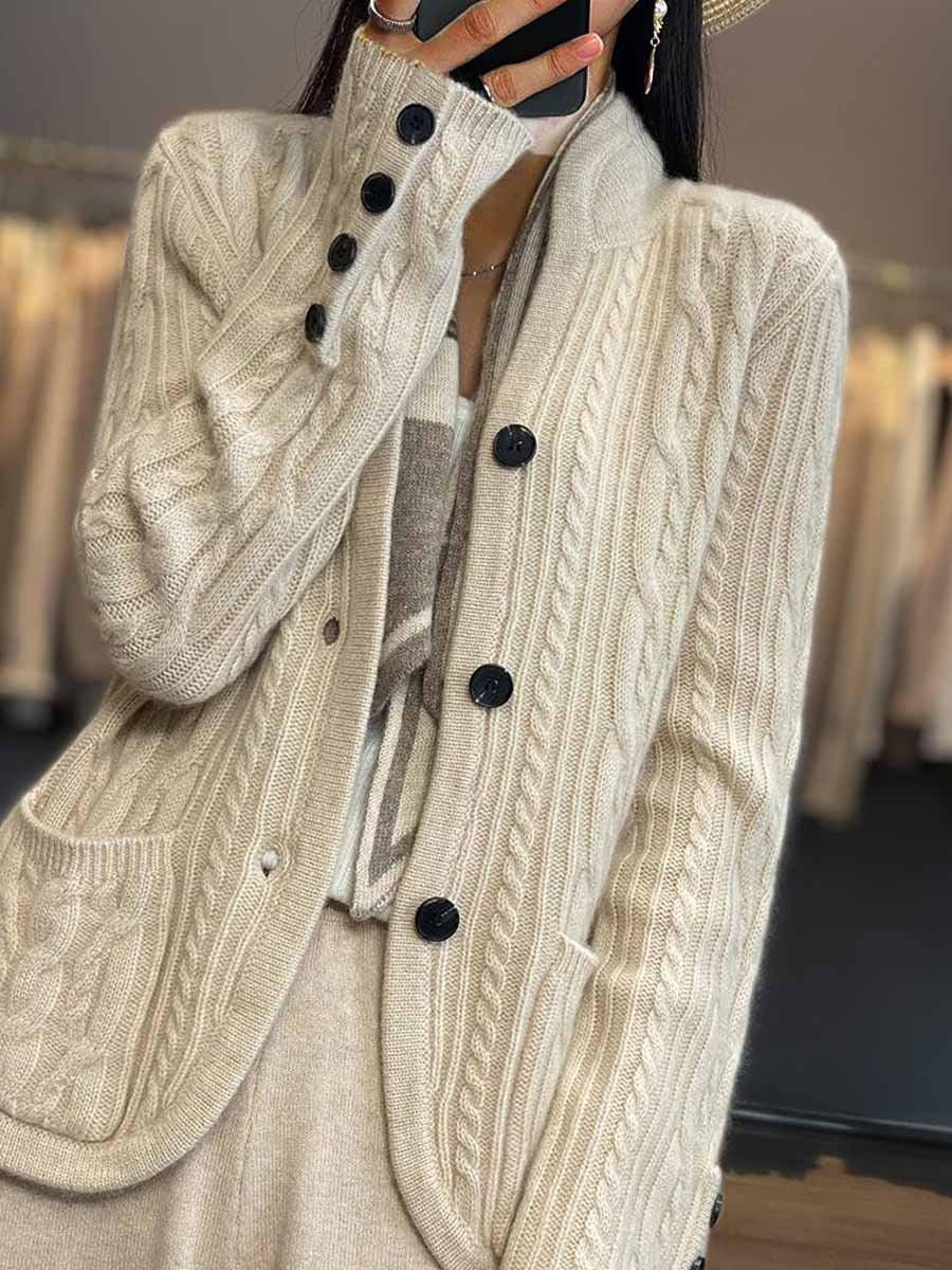 Claudia Cardigan | Braided Button Stand Collar Knitted Cardigan