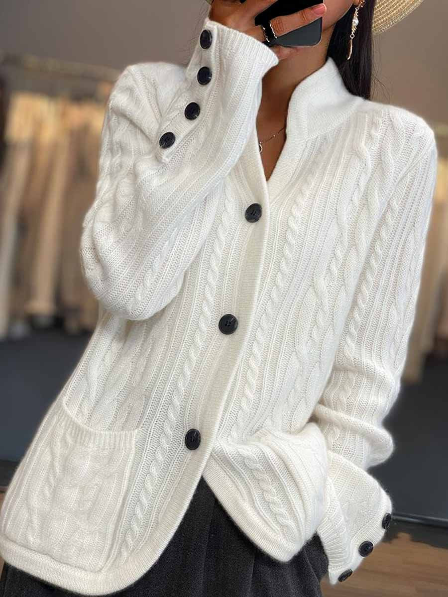 Claudia Cardigan | Braided Button Stand Collar Knitted Cardigan