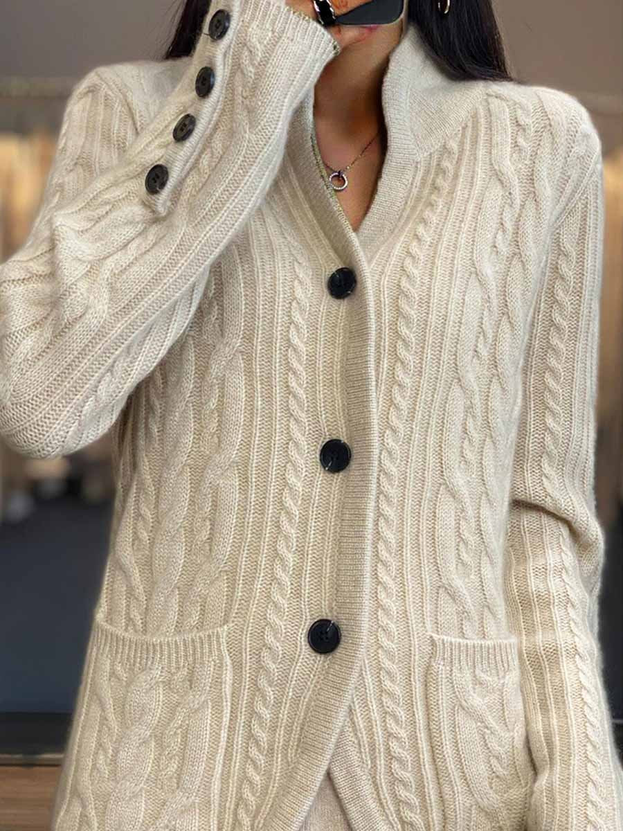 Claudia Cardigan | Braided Button Stand Collar Knitted Cardigan