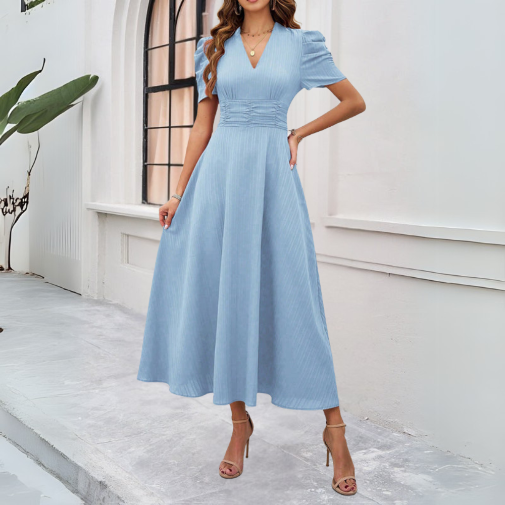 Qivah Dress | Women's Autumn V-Neck Puff Sleeve Maxi Dress