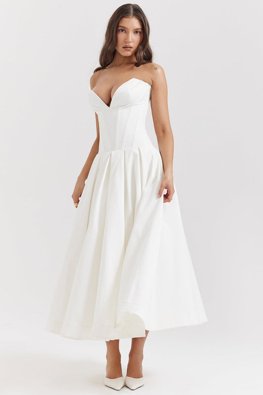 Beryl Dress | Strapless Midi Dress for Women with Fitted Bodice and Flowy Skirt