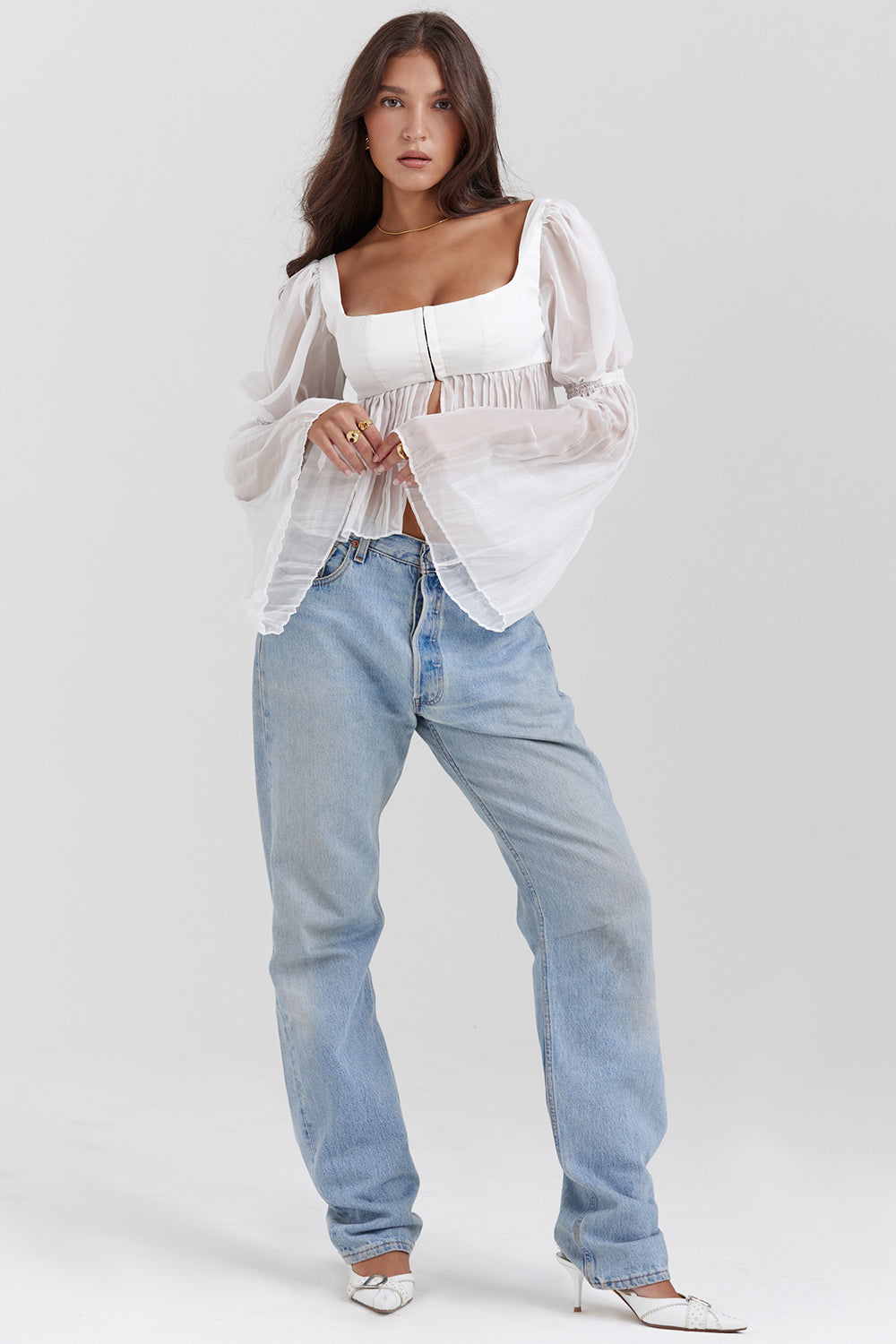 Becca Ruched Top | Women’s White Fitted Top with Soft Ruching and Minimalist Style