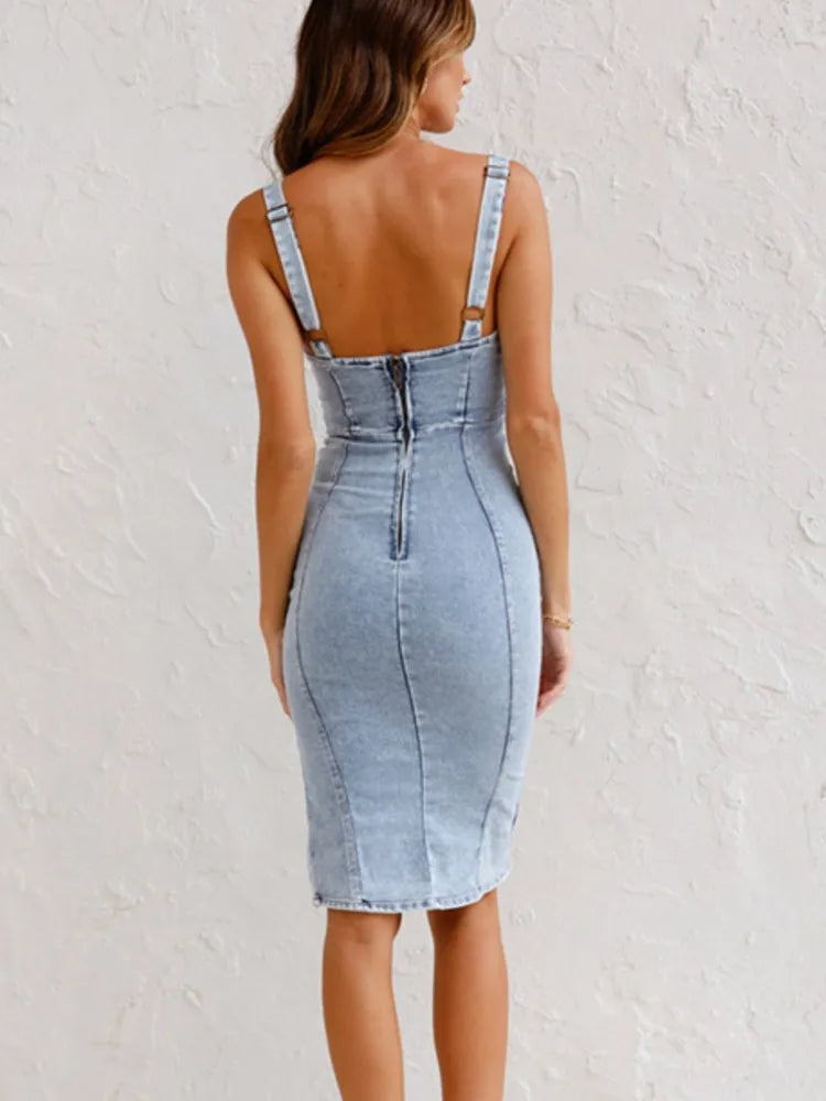 Cyrith Mini Dress | Denim Bodycon Mini Dress with Tank Straps and Side Slit for Women