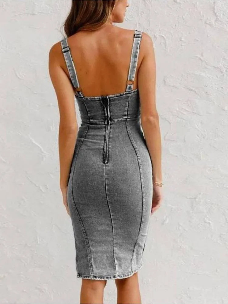 Cyrith Mini Dress | Denim Bodycon Mini Dress with Tank Straps and Side Slit for Women