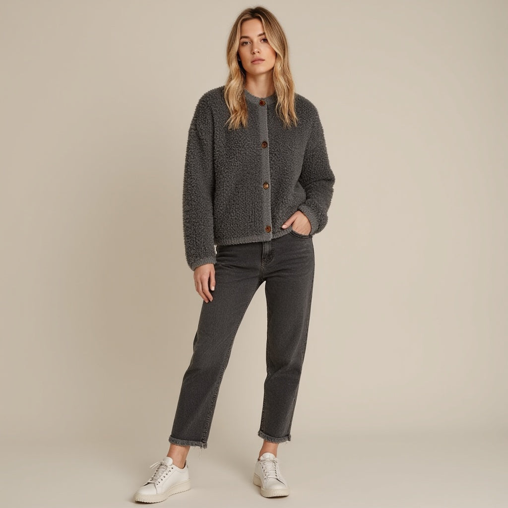 Raisa Cardigan | Women's Autumn Fluffy Knit Cardigan with Decorative Buttons