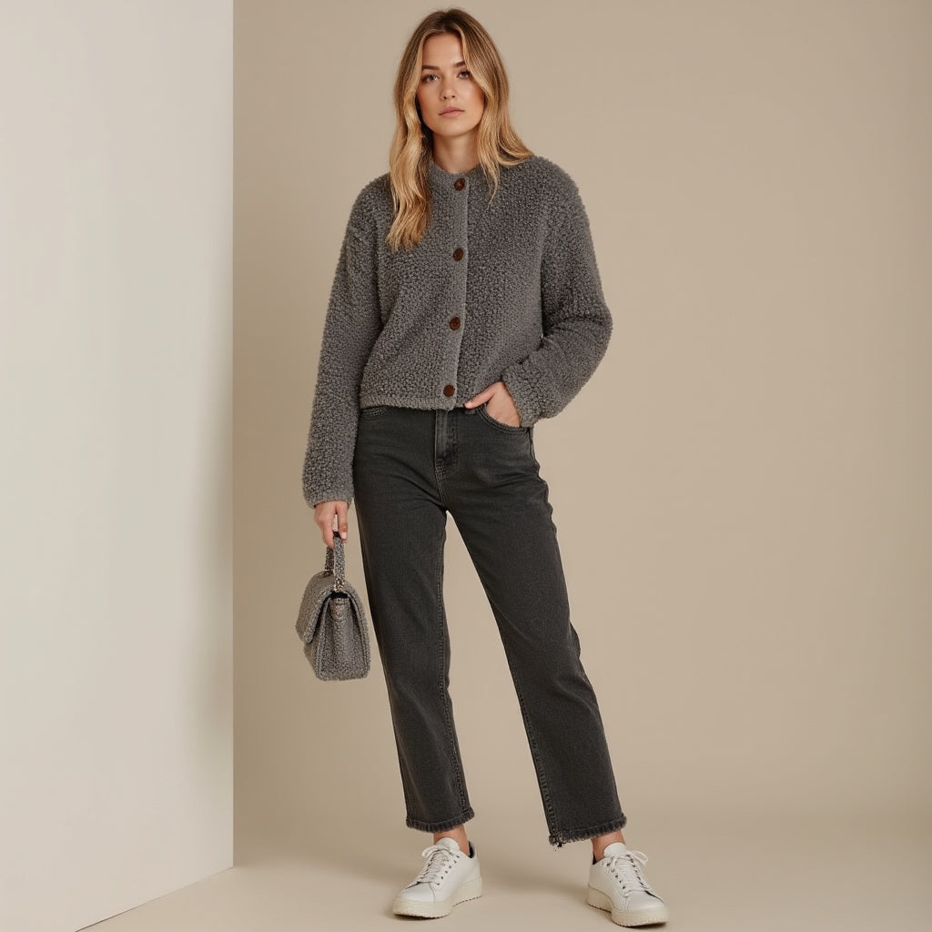 Raisa Cardigan | Women's Autumn Fluffy Knit Cardigan with Decorative Buttons