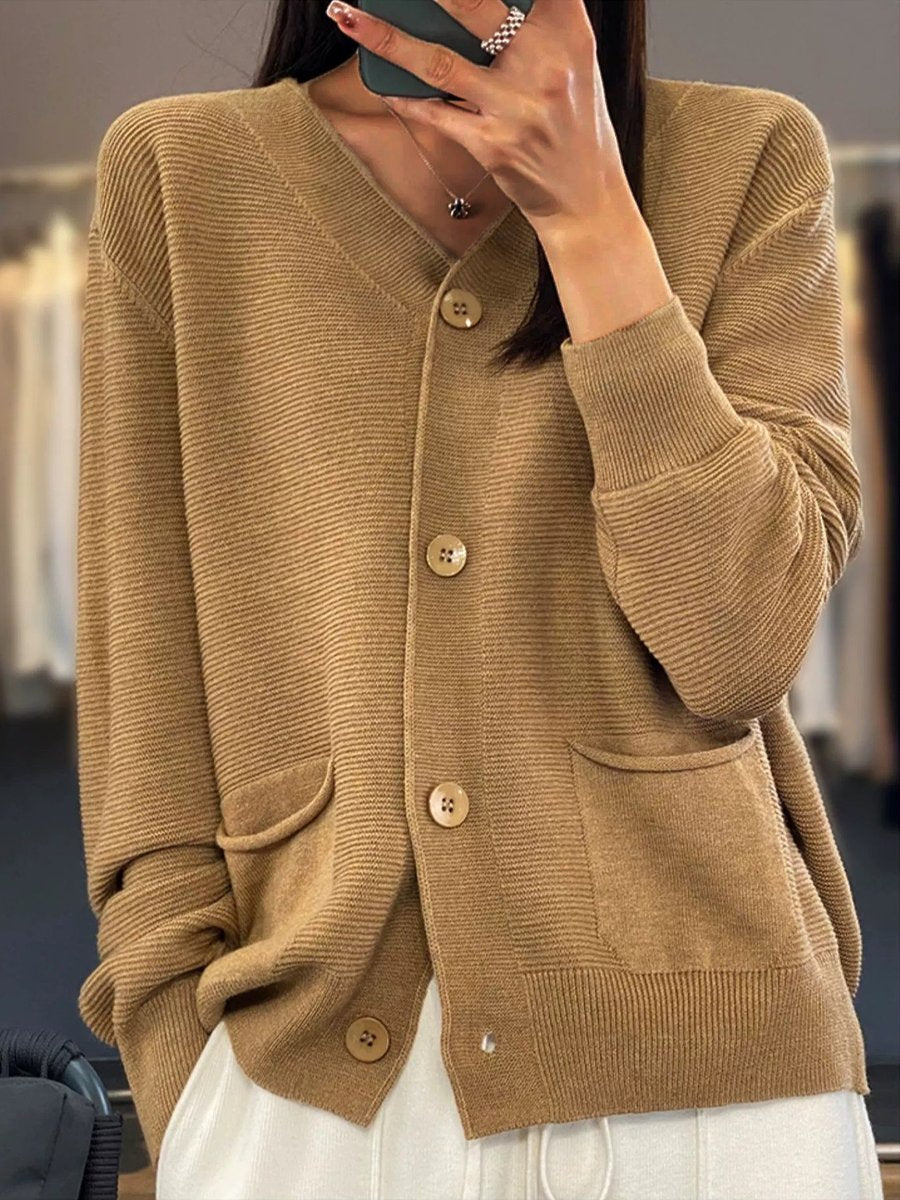 Clodagh Cardigan | Pocket Solid Color V-Neck Knitted Cardigan, Simple and Versatile