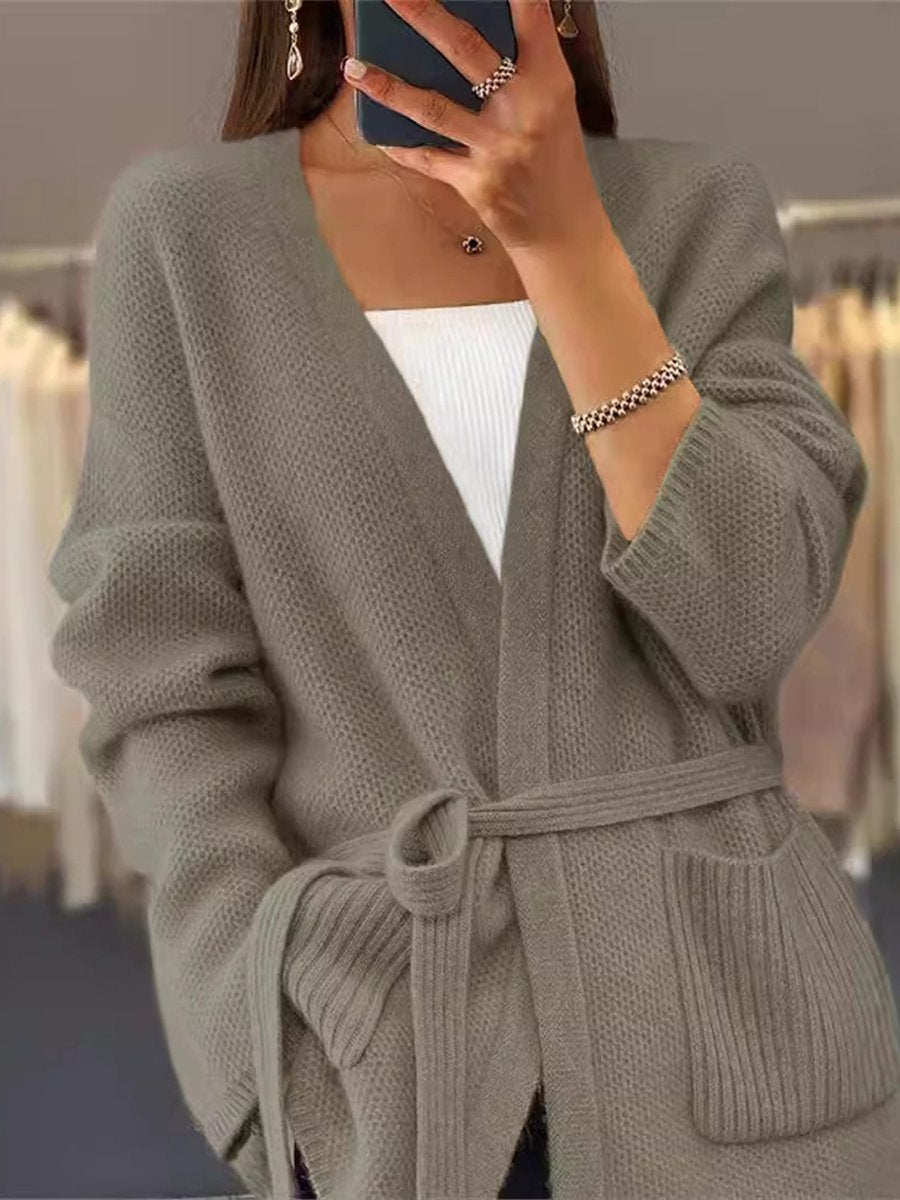 Corinne Cardigan | Solid Color Pocket Tie Knit Cardigan, Elegant and Versatile