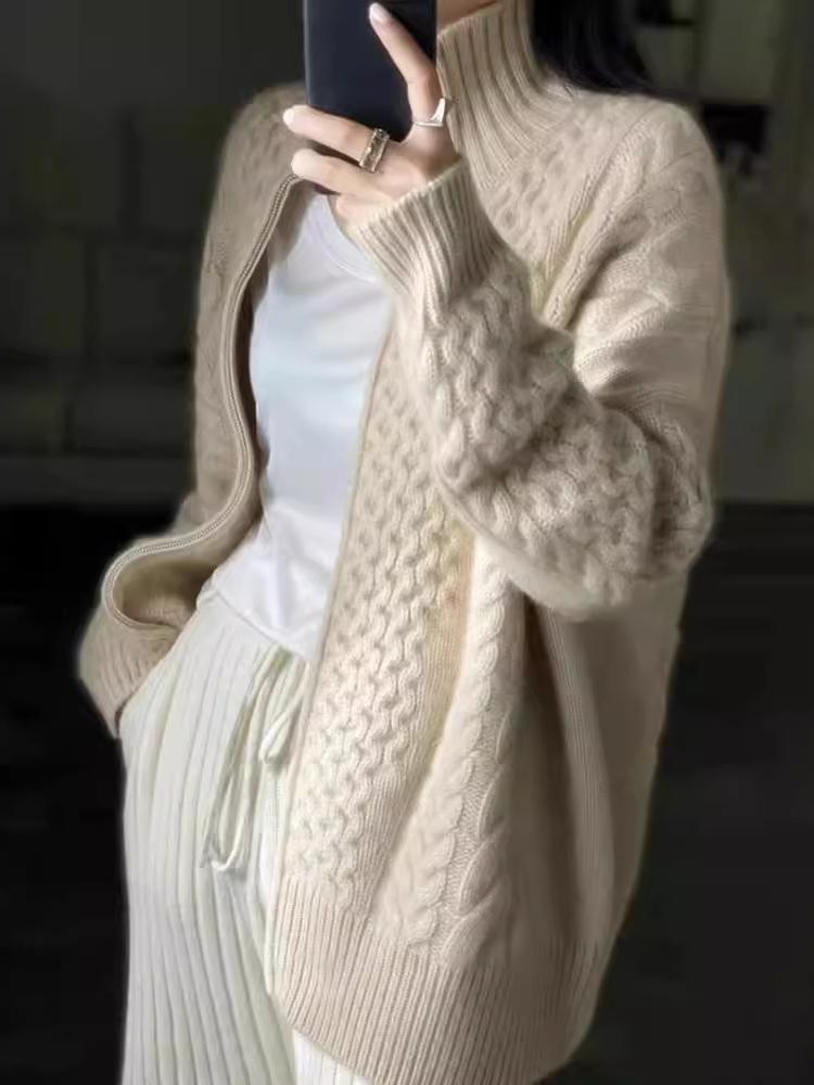 Cynthia Cardigan | Stylish Thick Turtleneck Cable Knit Cashmere Cardigan