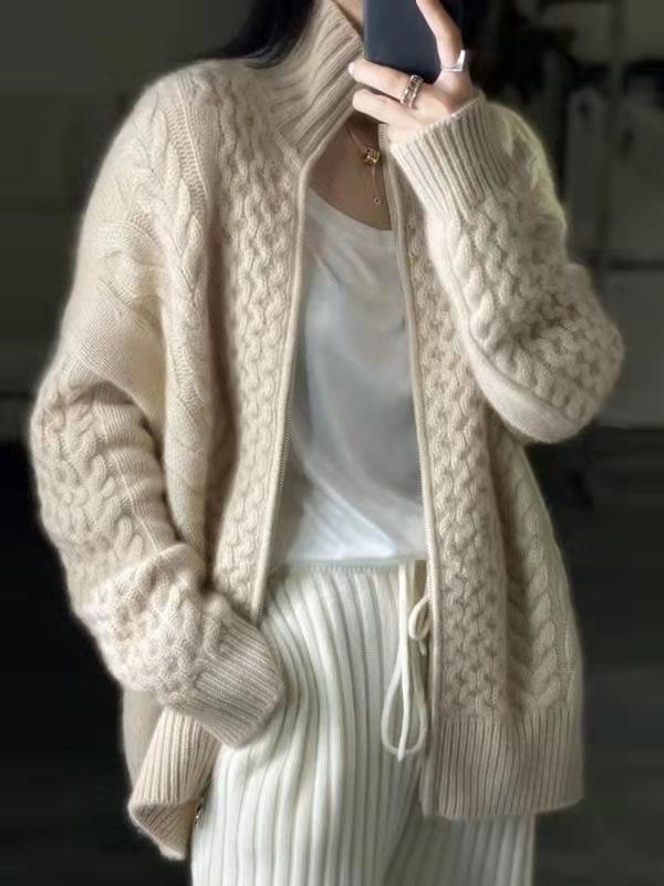 Cynthia Cardigan | Stylish Thick Turtleneck Cable Knit Cashmere Cardigan