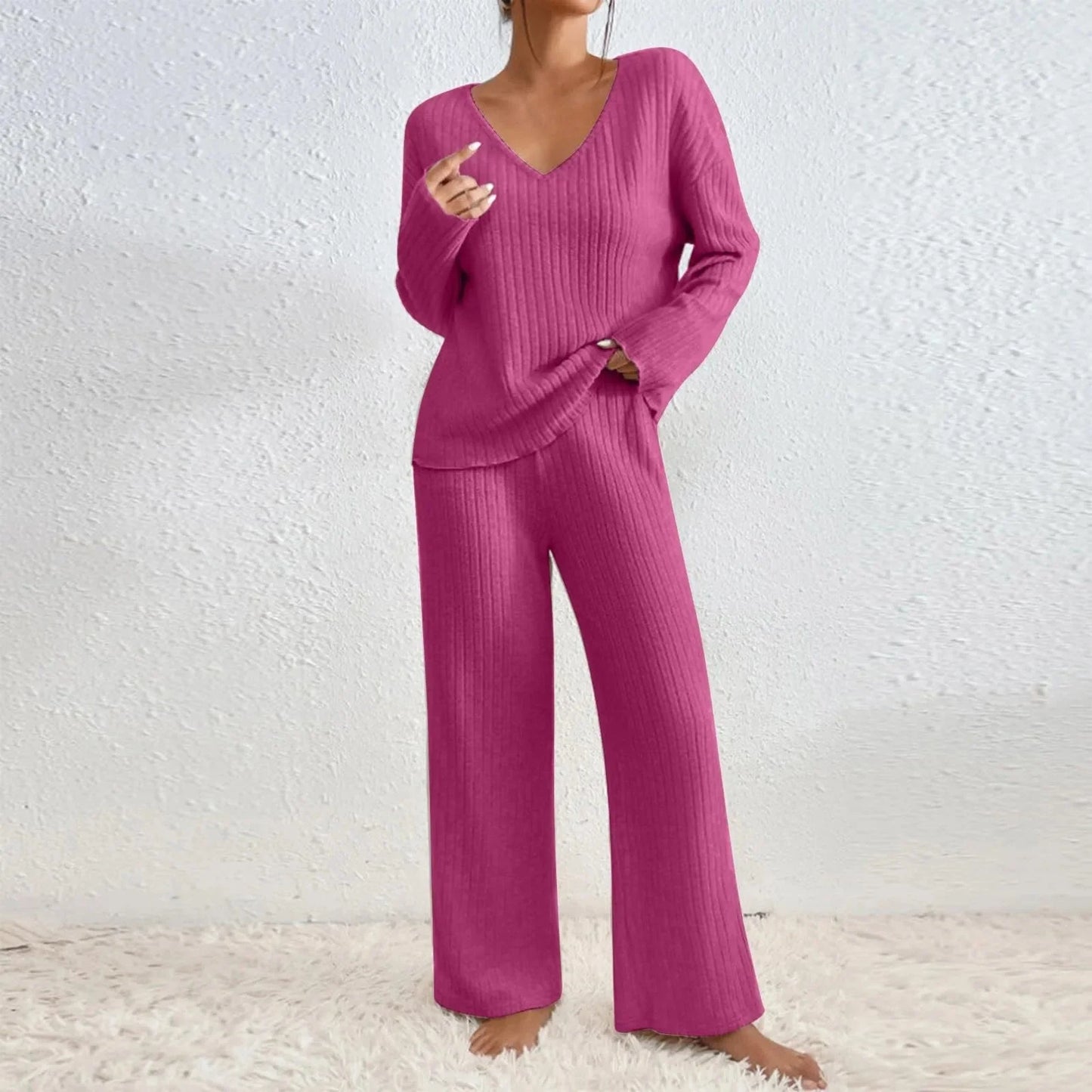 Kamila Lounge Set | Ribbed Knit V-Neck Two-Piece