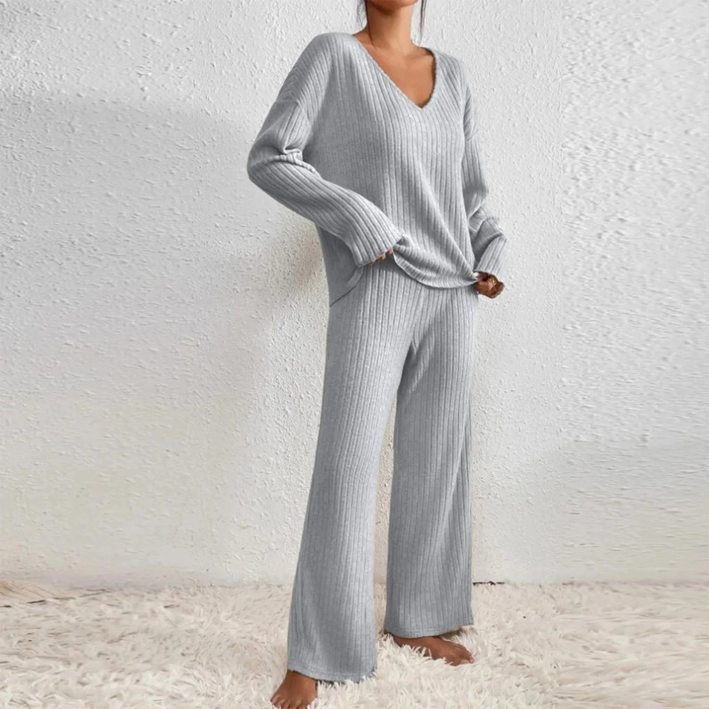 Kamila Lounge Set | Ribbed Knit V-Neck Two-Piece