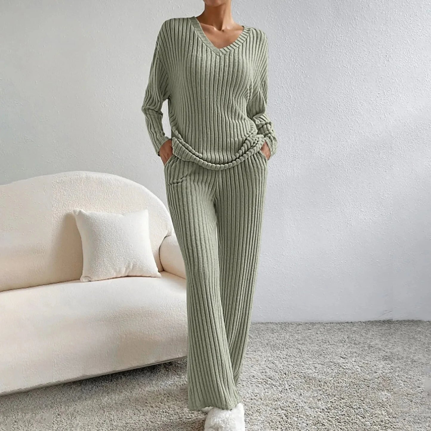 Kamila Lounge Set | Ribbed Knit V-Neck Two-Piece