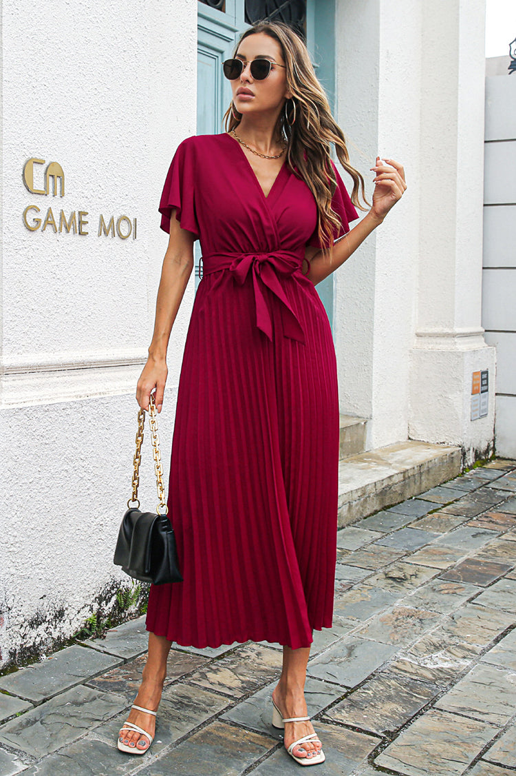 Qizelle Dress | Women's Autumn Pleated Maxi Dress with Waist Tie