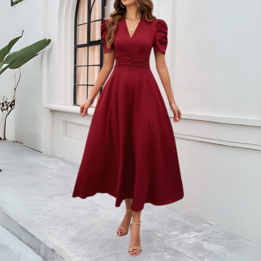 Qivah Dress | Women's Autumn V-Neck Puff Sleeve Maxi Dress