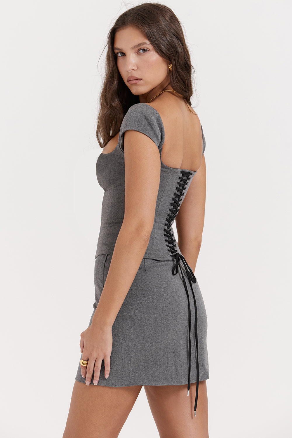 Belinda Two-Piece Set | Women’s Grey Lace-Back Corset and A-Line Mini Skirt
