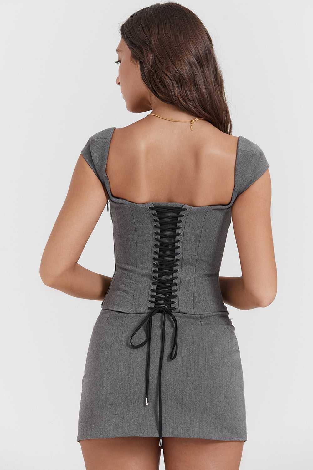 Belinda Two-Piece Set | Women’s Grey Lace-Back Corset and A-Line Mini Skirt