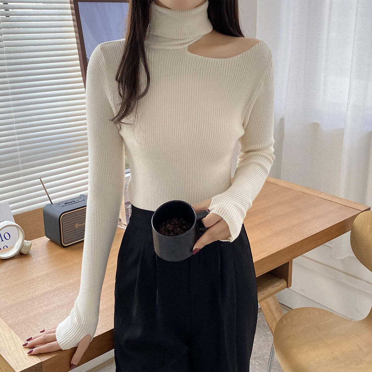 Isabella Sweater | Asymmetric Cut-Out Ribbed Turtleneck Sweater