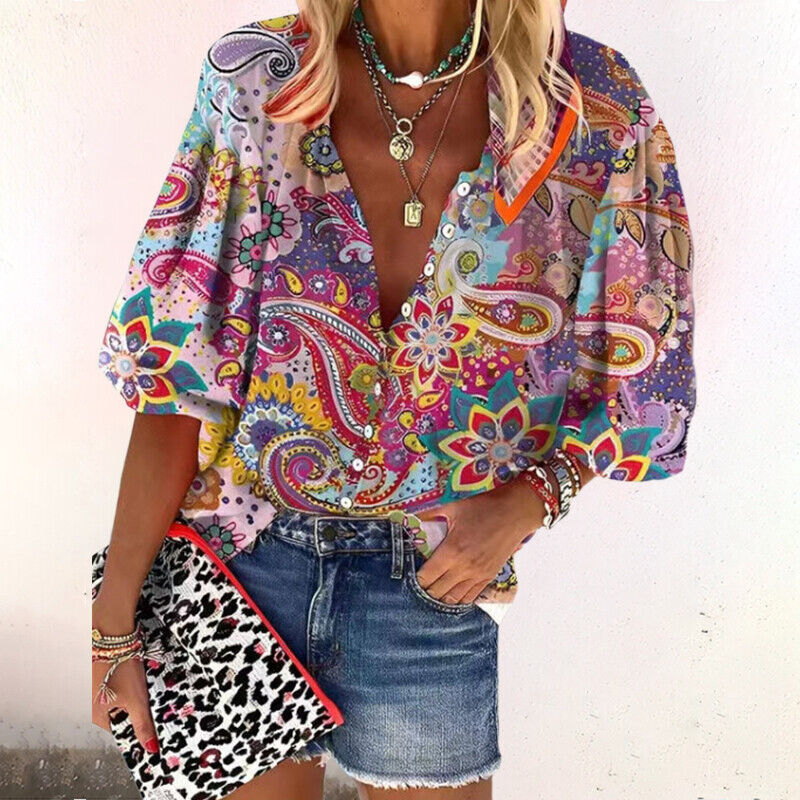 Elenya Blouse | Printed Summer Blouse for Women with Button-Down Front and Half Sleeves