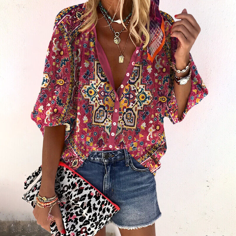 Elenya Blouse | Printed Summer Blouse for Women with Button-Down Front and Half Sleeves