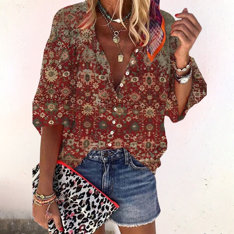 Elenya Blouse | Printed Summer Blouse for Women with Button-Down Front and Half Sleeves