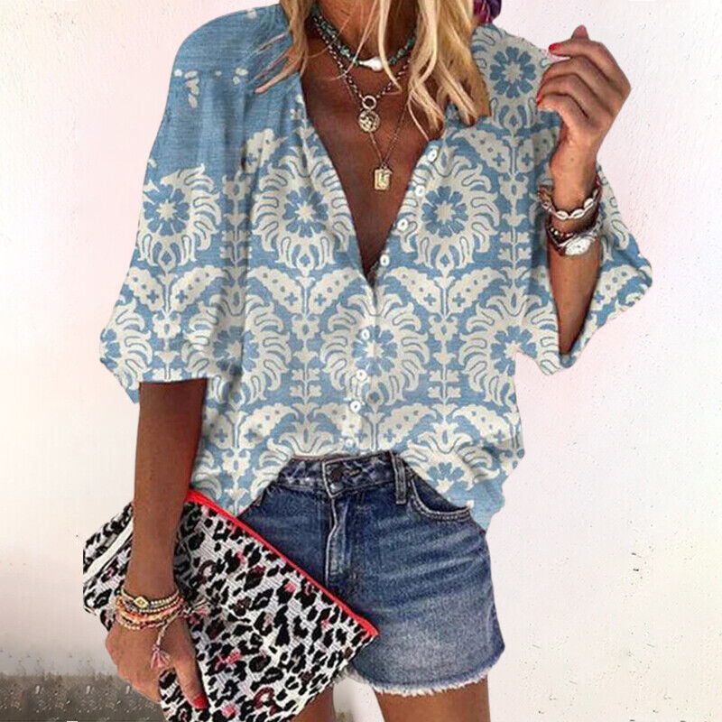 Elenya Blouse | Printed Summer Blouse for Women with Button-Down Front and Half Sleeves