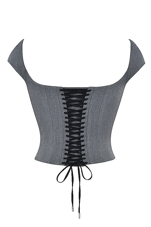 Belinda Two-Piece Set | Women’s Grey Lace-Back Corset and A-Line Mini Skirt