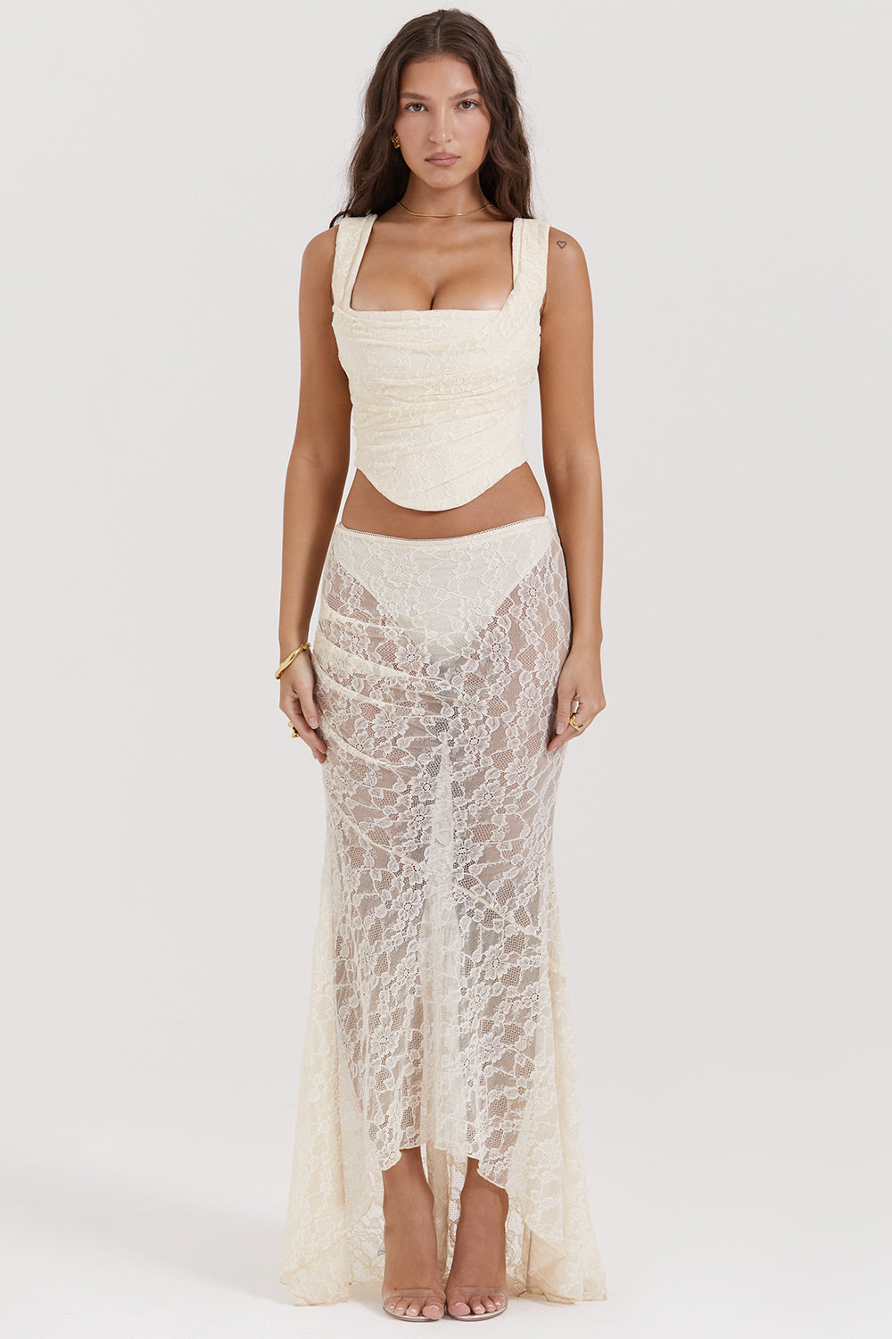 Bee Two-Piece Set | Women’s Cream Lace Corset and Flowing Maxi Skirt in Vintage Style