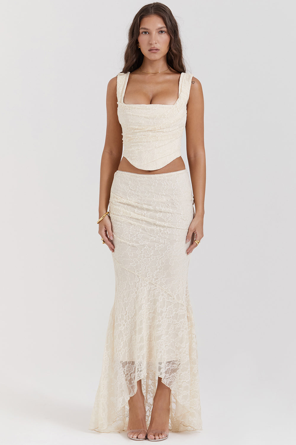 Bee Two-Piece Set | Women’s Cream Lace Corset and Flowing Maxi Skirt in Vintage Style
