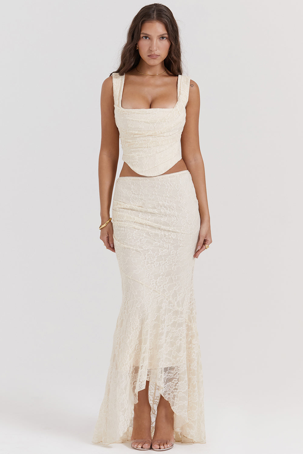 Bee Two-Piece Set | Women’s Cream Lace Corset and Flowing Maxi Skirt in Vintage Style